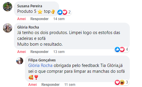 cliente satisfeito depois de limpar os estofos das cadeiras e sofás com o líquido Azulhomcare®