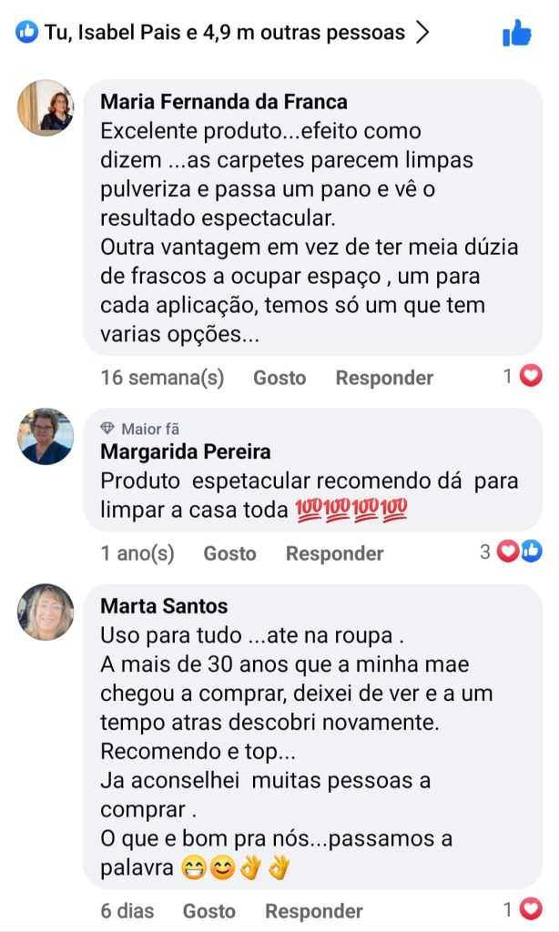 Comentários sobre produto para limpeza de estofos